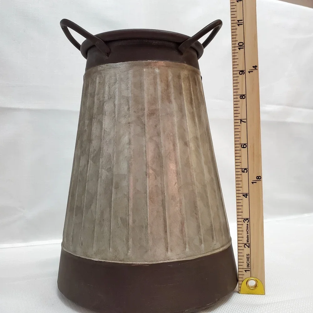 Farmhouse Chic Milk Can Galvanized Metal Canister Vase‎ Vtg Style W/Handles